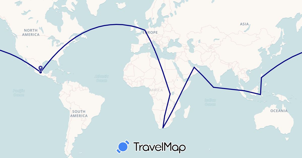 TravelMap itinerary: driving in United Arab Emirates, Botswana, Indonesia, Maldives, Mexico, Netherlands, Philippines, Rwanda, Singapore, South Africa (Africa, Asia, Europe, North America)